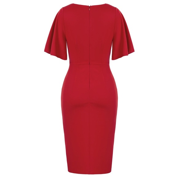 Belle Poque- Ruched Short Sleeve V-Neck Side Slit Pencil Dress - Picture 2 of 3